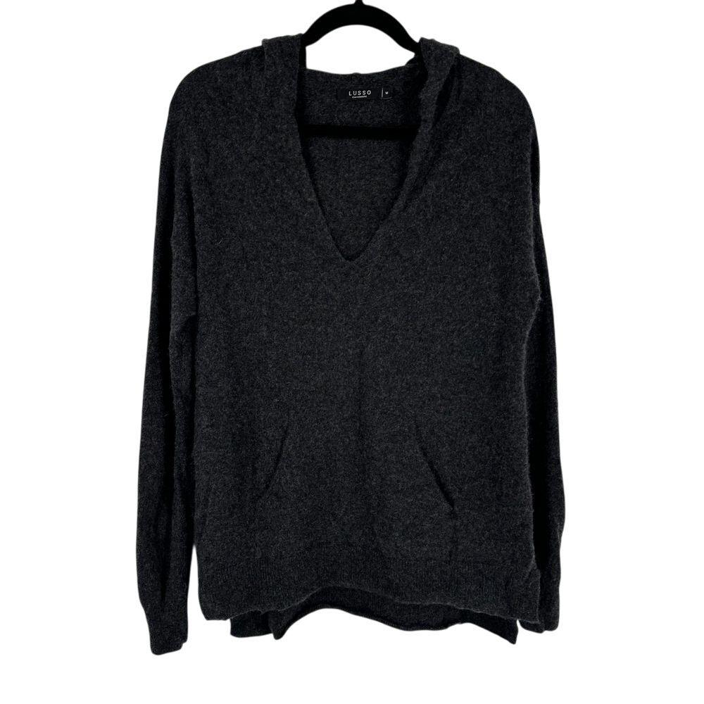Lusso Cashmere V-Neck Hooded Sweater M Grey Kangaroo Pocket‎ Casual Pullover